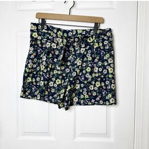 LOFT Floral Linen Blend Paperbag Shorts Womens 8 Navy Blue Excellent Belted